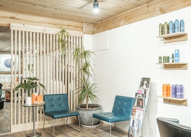 Sophisticated waiting area of Salon X with modern design in Taos, New Mexico, US.
