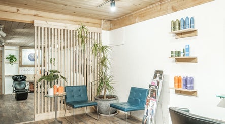 Sophisticated waiting area of Salon X with modern design in Taos, New Mexico, US.