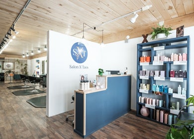 Modern interior of Salon X in Taos, New Mexico, US, featuring stylish decor and beauty products.