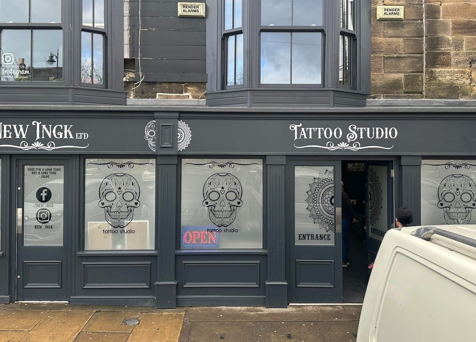 Front of Tiny Face / Steph at New Inkg Tattoo Studio in Guisborough, England, GB.