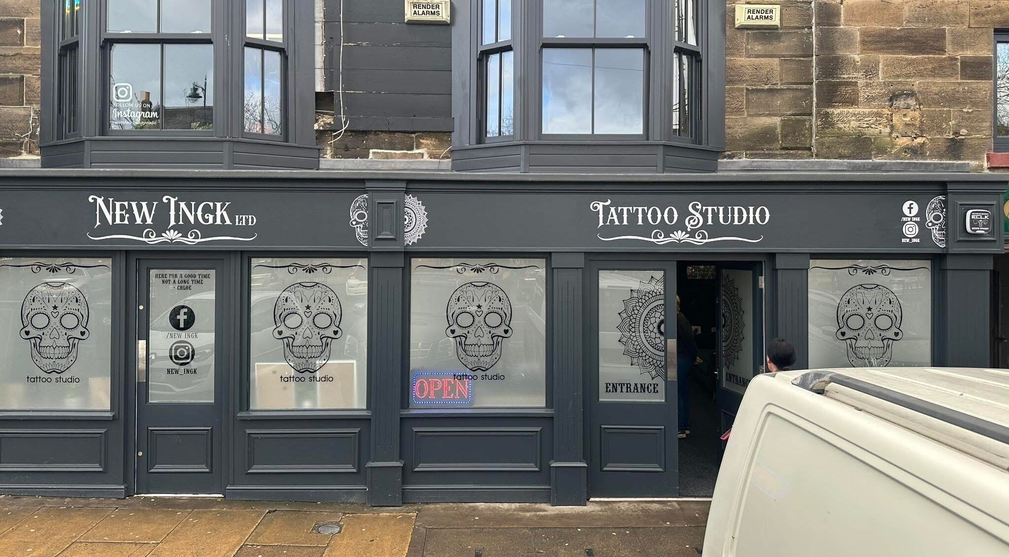 Front of Tiny Face / Steph at New Inkg Tattoo Studio in Guisborough, England, GB.