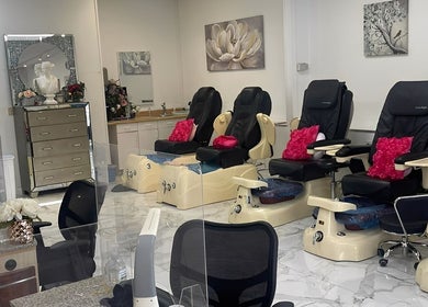Elegant pedicure chairs at True Bella Nails Spa in Hacienda Heights, California, US exude comfort and style.