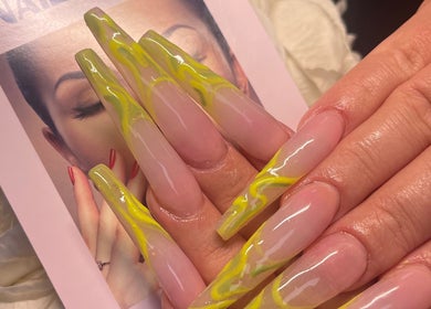 Stylish yellow and pink nails designed at True Bella Nails Spa, Hacienda Heights, California, US.
