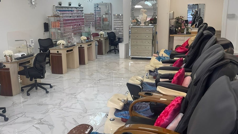True Bella Nails Spa in Hacienda Heights, California, US. Spacious interior with nail stations and cozy pedicure chairs.