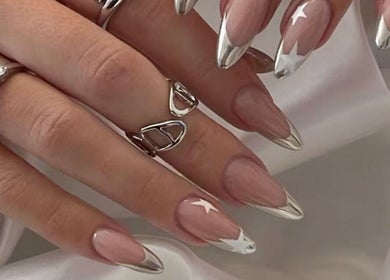 Silver-tipped manicured nails at True Bella Nails Spa, Hacienda Heights, California, US.