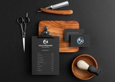 Elegant barber tools and branding at Adam's Republic | Al-Shulah, Dammam, Eastern Province, SA.