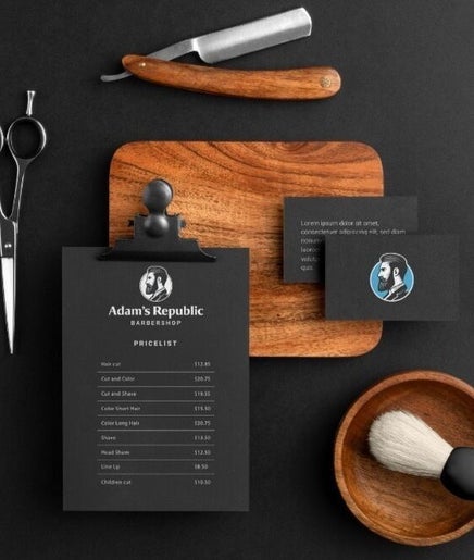 Elegant barber tools and branding at Adam's Republic | Al-Shulah, Dammam, Eastern Province, SA.