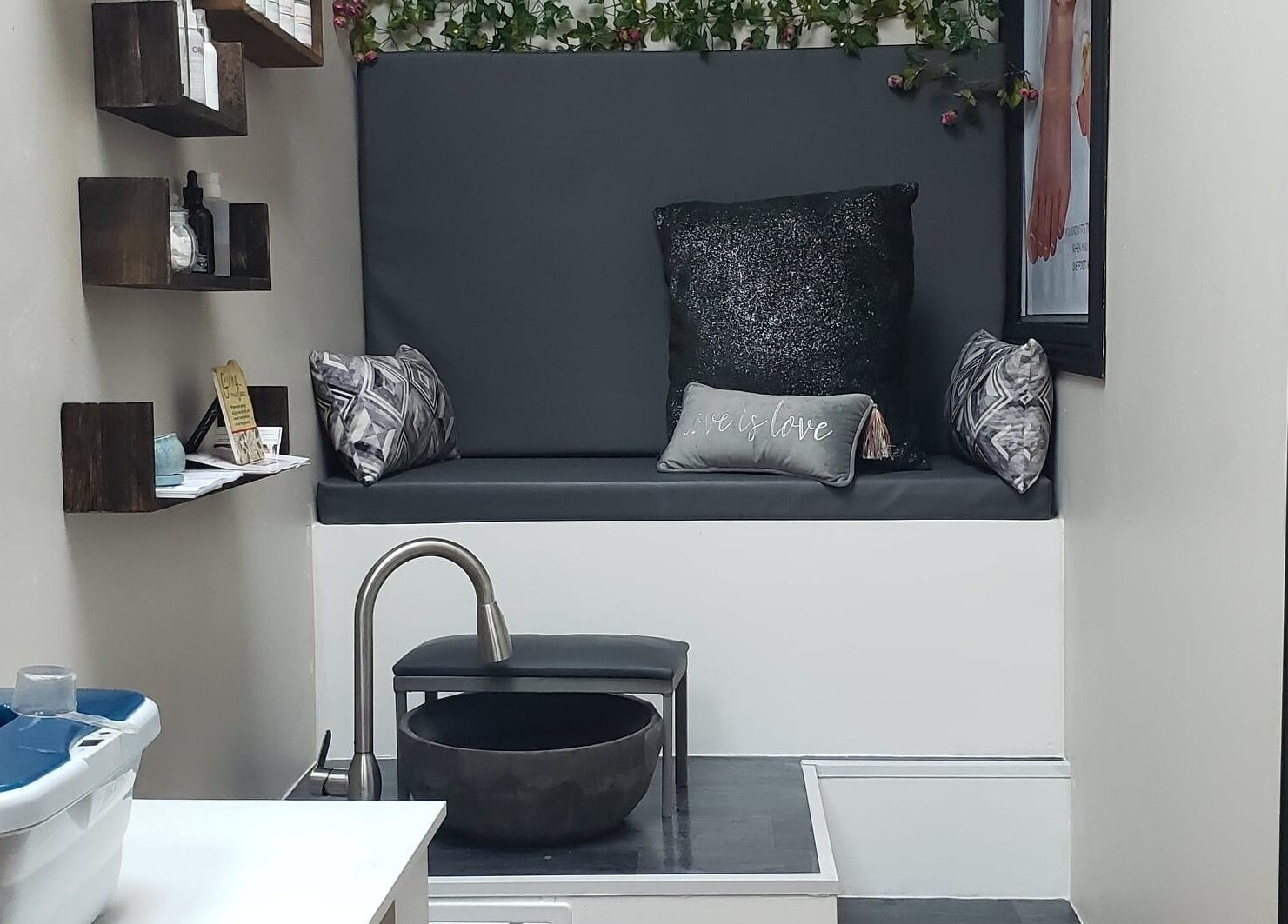 Elegant spa seating at InnoSense Salon and Med Spa, St. James, TT, featuring plush cushions and modern décor.