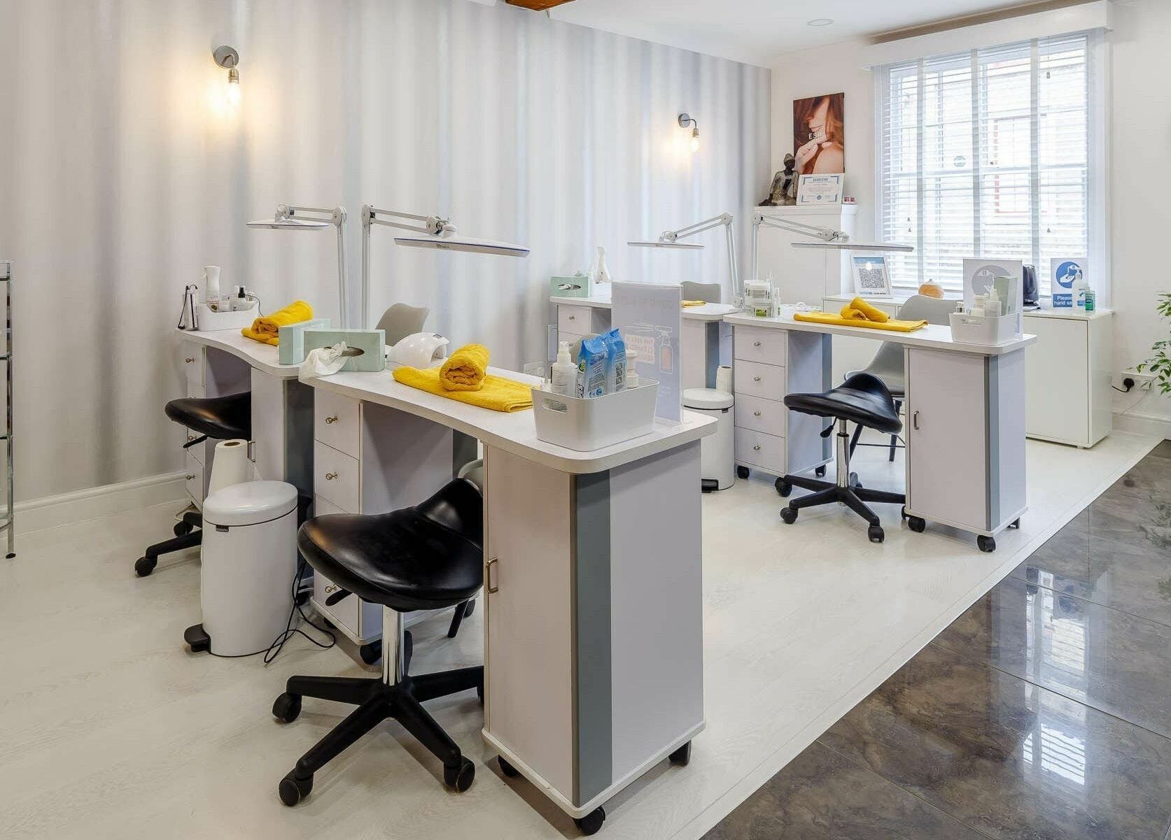 Bright nail care area at Harmony Day Spa Royston, Royston, England, GB with stylish decor and comfortable seating.