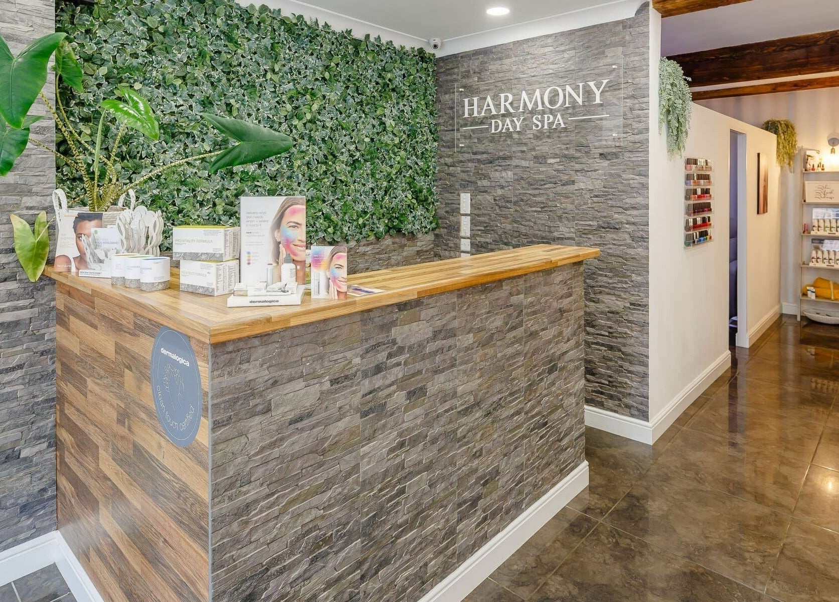 Reception area of Harmony Day Spa Royston in Royston, England, GB, featuring a nature-inspired decor.