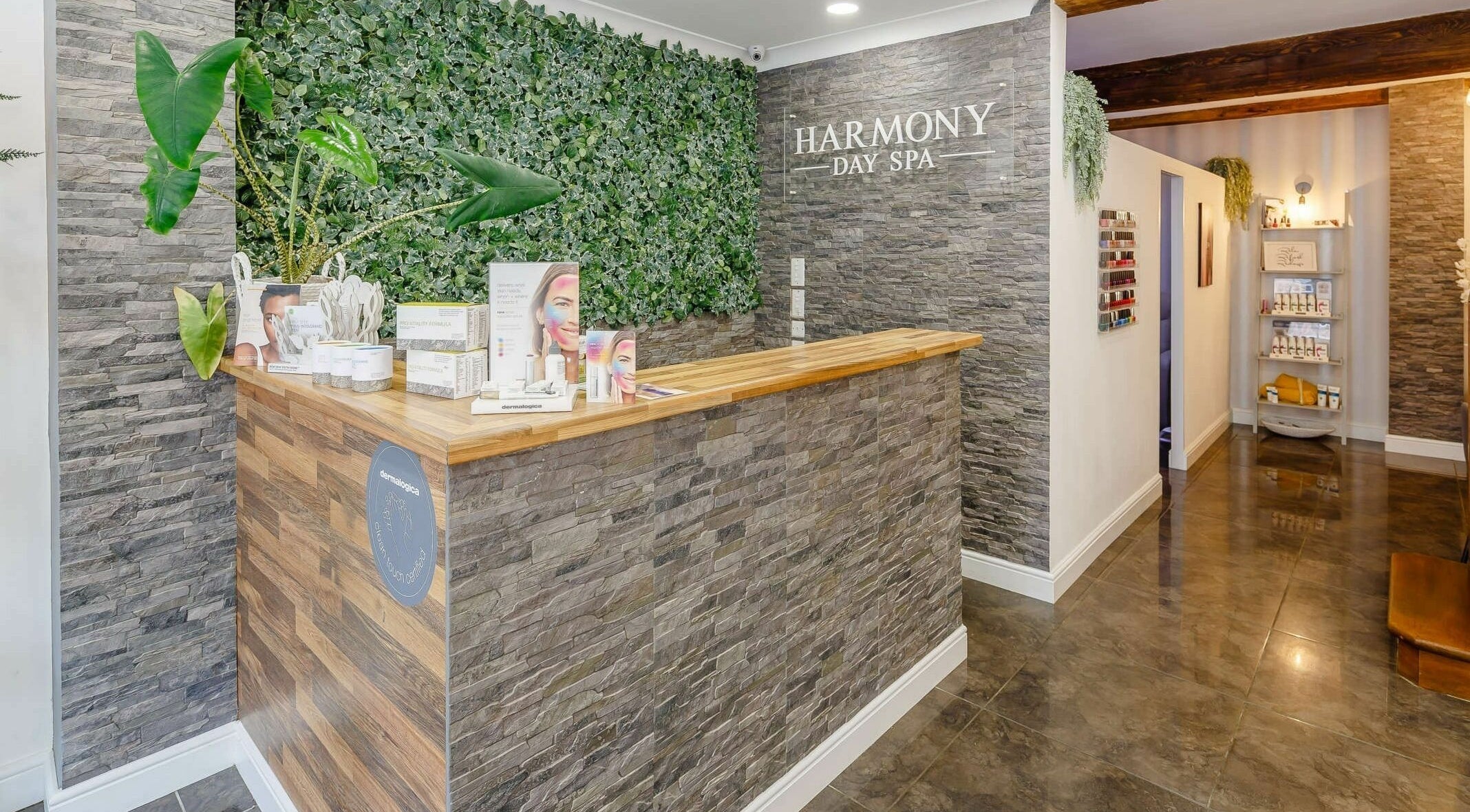 Reception area of Harmony Day Spa Royston in Royston, England, GB, featuring a nature-inspired decor.