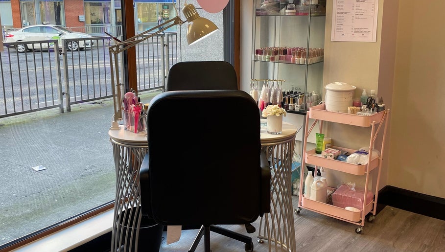Nail service station at Blossom Beauty, Dublin, County Dublin, IE, showcasing tools and polishes.