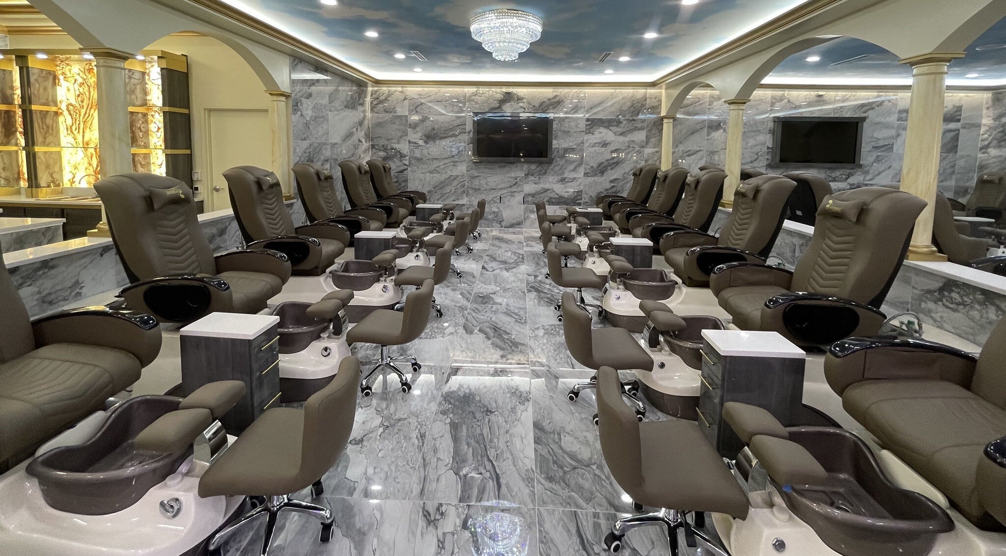 Luxurious pedicure chairs at Luminous V Nail Spa in Springboro, Ohio, US, highlighting modern elegance.