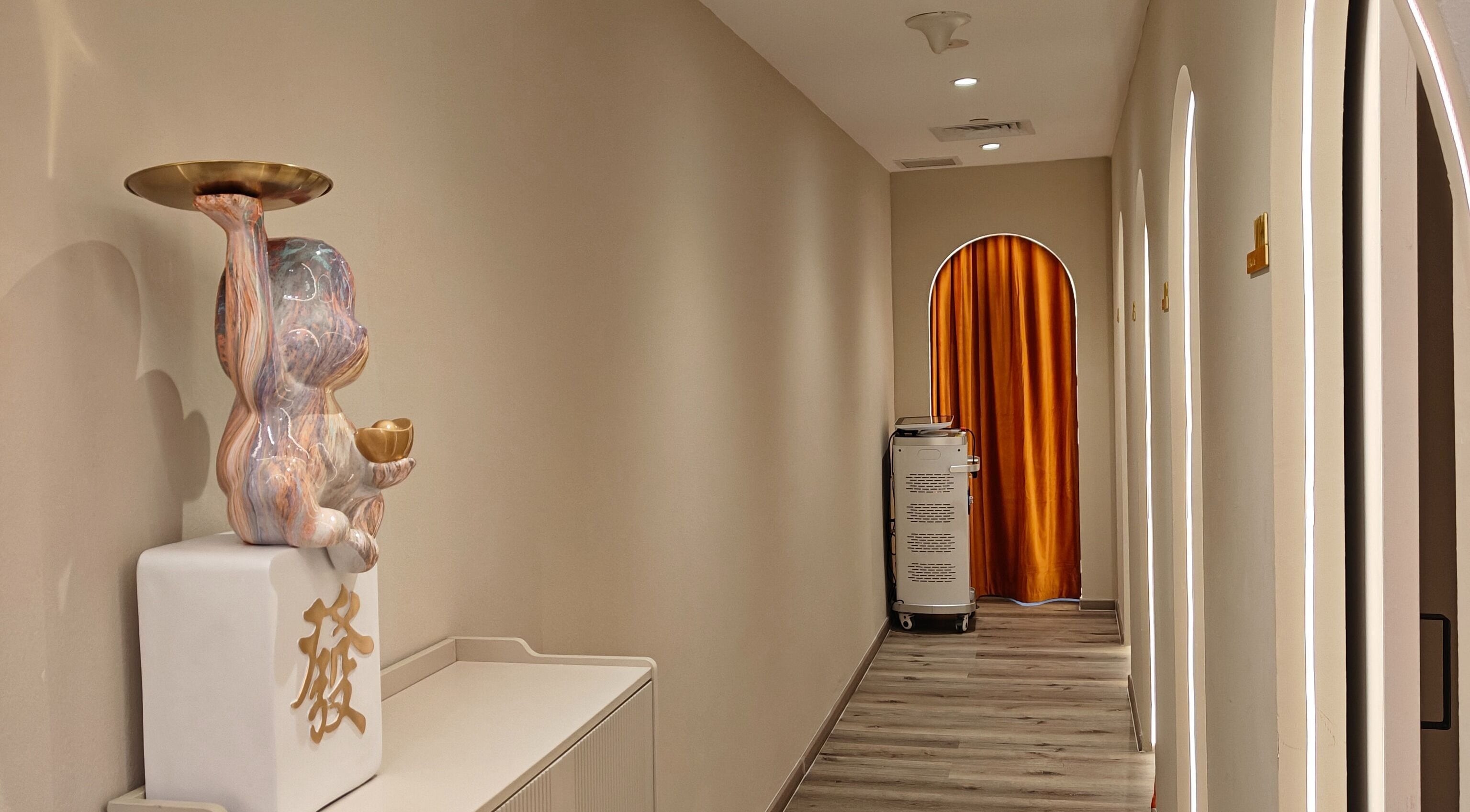 Elegant hallway at Clean and Tidy Orchard, Singapore, SG with golden decor and soft lighting.