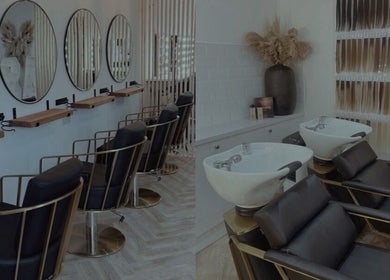 Elegant salon interior at Artist & Co. (Beth Hall Makeup Artist) in Rugby, England, GB, featuring stylish chairs.