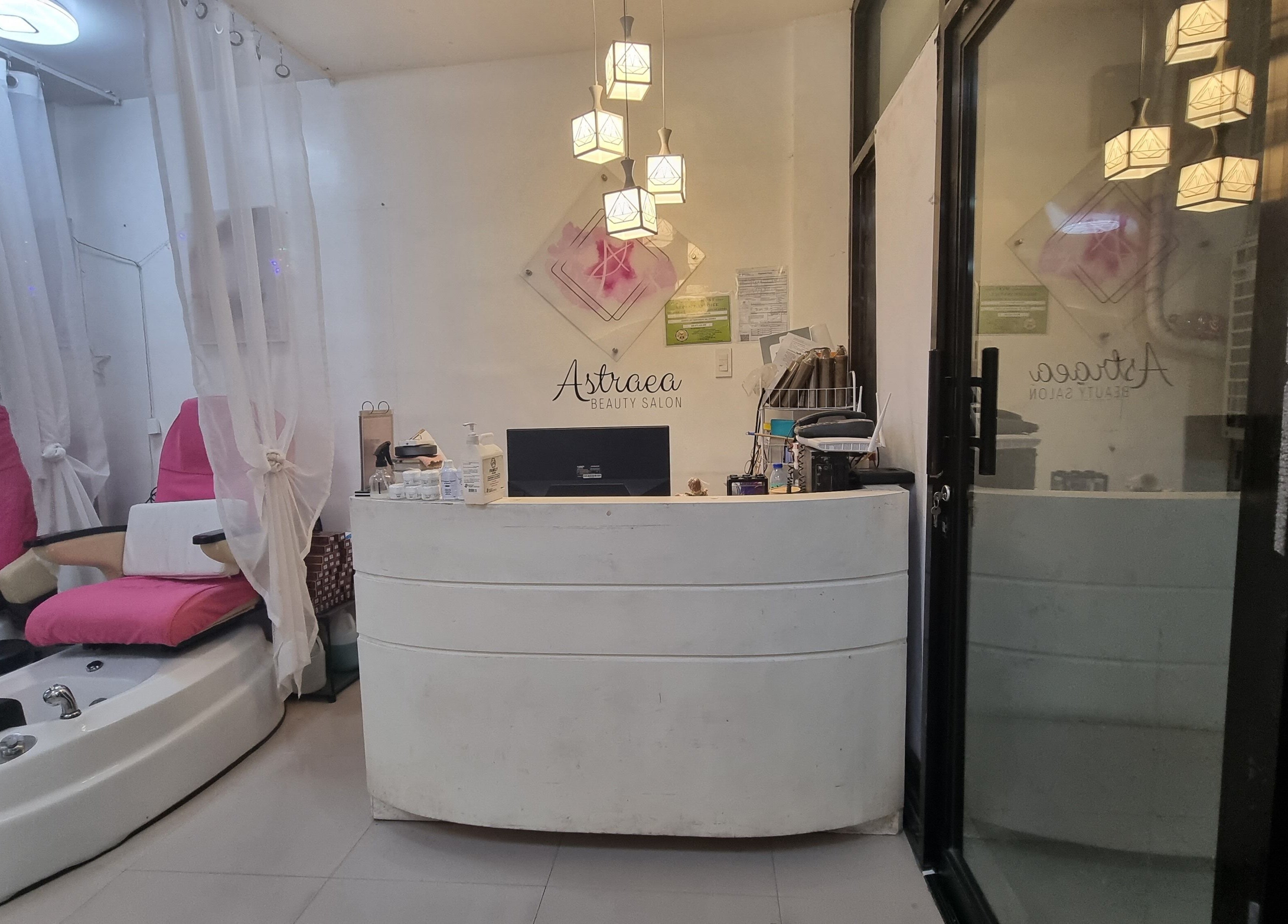 Astraea Beauty Salon reception and pedicure area in Las Pinas, Metro Manila, PH.