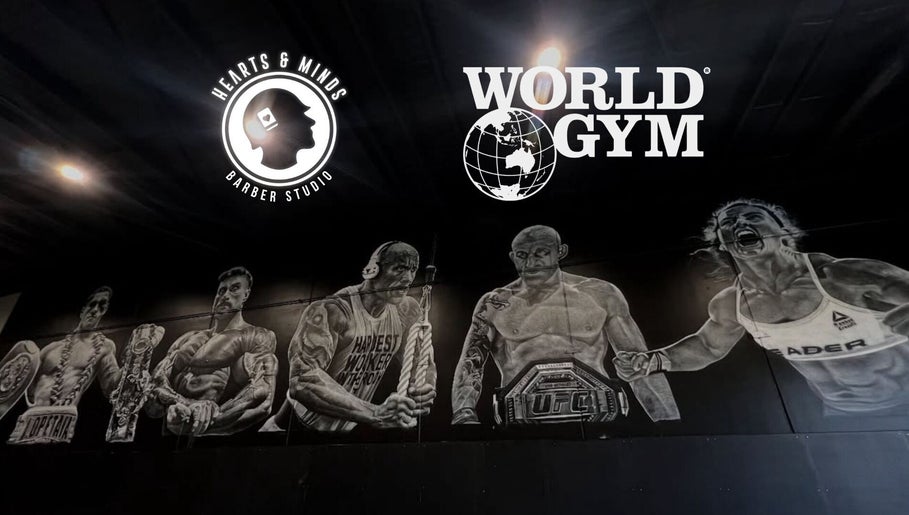 Dynamic mural at World Gym - Hearts & Minds Barber Studio in Tuggerah, New South Wales, AU.