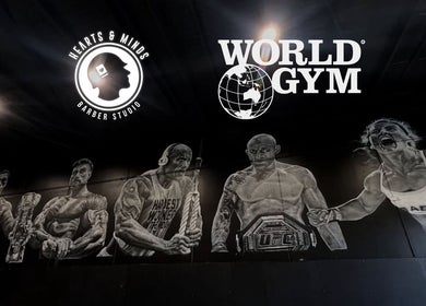 Dynamic mural at World Gym - Hearts & Minds Barber Studio in Tuggerah, New South Wales, AU.