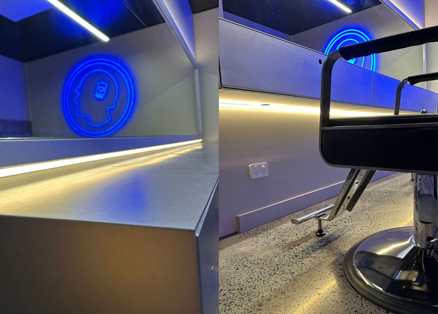 Chic salon chair and illuminated mirror at Hearts & Minds Tuggerah (World Gym), Tuggerah, New South Wales, AU.