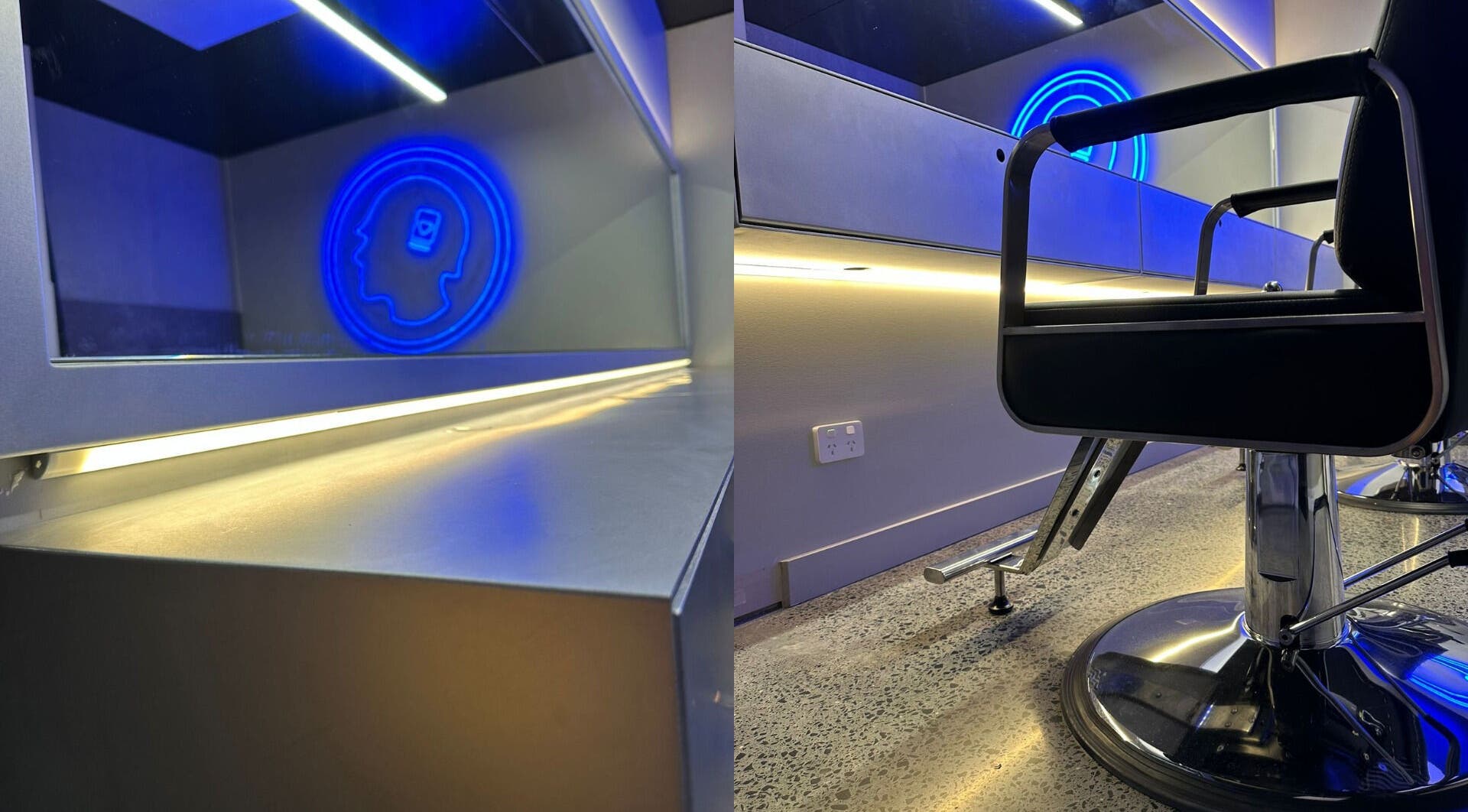 Chic salon chair and illuminated mirror at Hearts & Minds Tuggerah (World Gym), Tuggerah, New South Wales, AU.