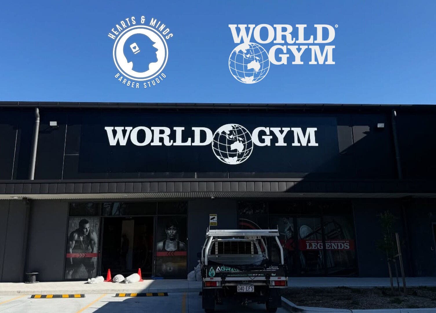 Entrance of Hearts & Minds Tuggerah at World Gym, Tuggerah, New South Wales, AU under a clear sky.