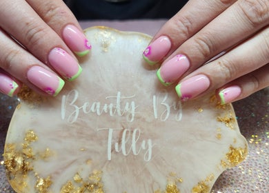 Stylish pink and green nails at Beauty By Tilly, Bradford, England, GB.