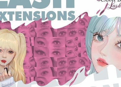 Stylized eyes and anime characters promoting Canny Beauty Lashes in Rosemead, California, US.