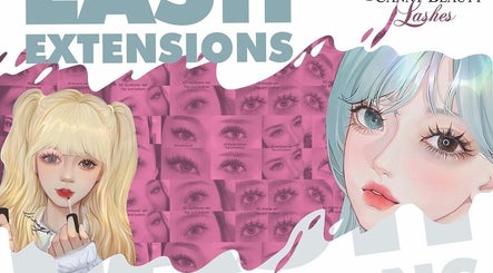 Stylized eyes and anime characters promoting Canny Beauty Lashes in Rosemead, California, US.