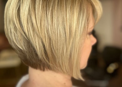 Stylish blonde bob haircut at Studio 58 at Deluxe, Maidstone, England, GB showcasing elegant hair styling.