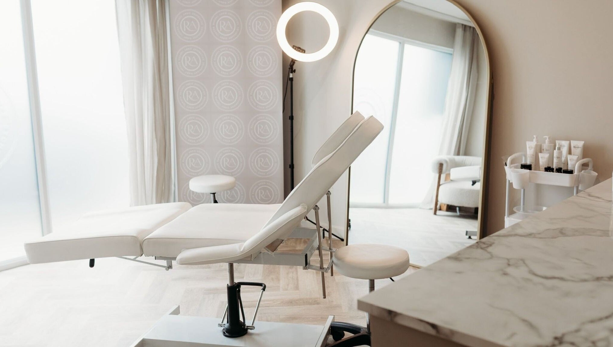 Elegant treatment room at Rachel Abbie (RA) Aesthetics HQ, Lelant, England, GB.