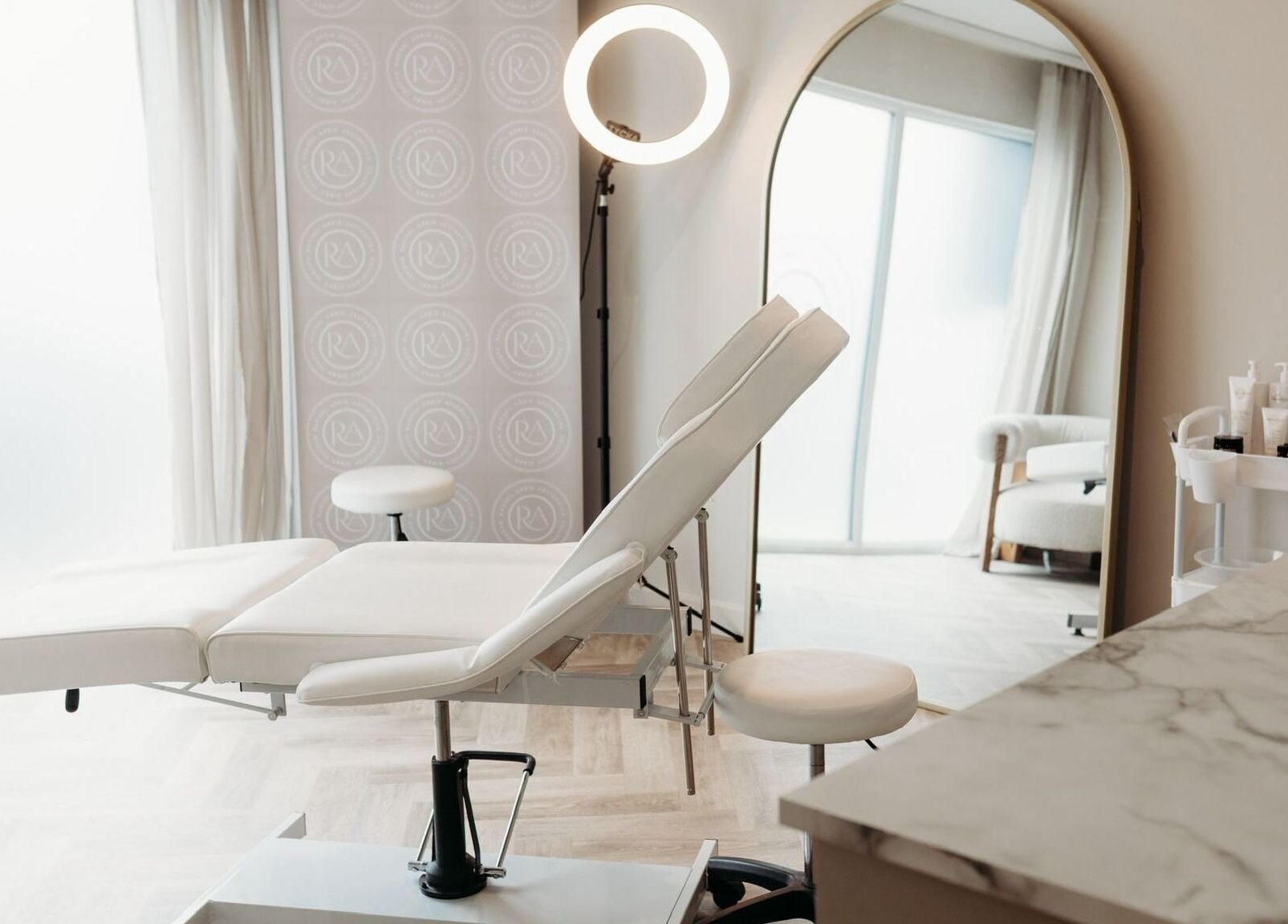 Elegant treatment room at Rachel Abbie (RA) Aesthetics HQ, Lelant, England, GB.