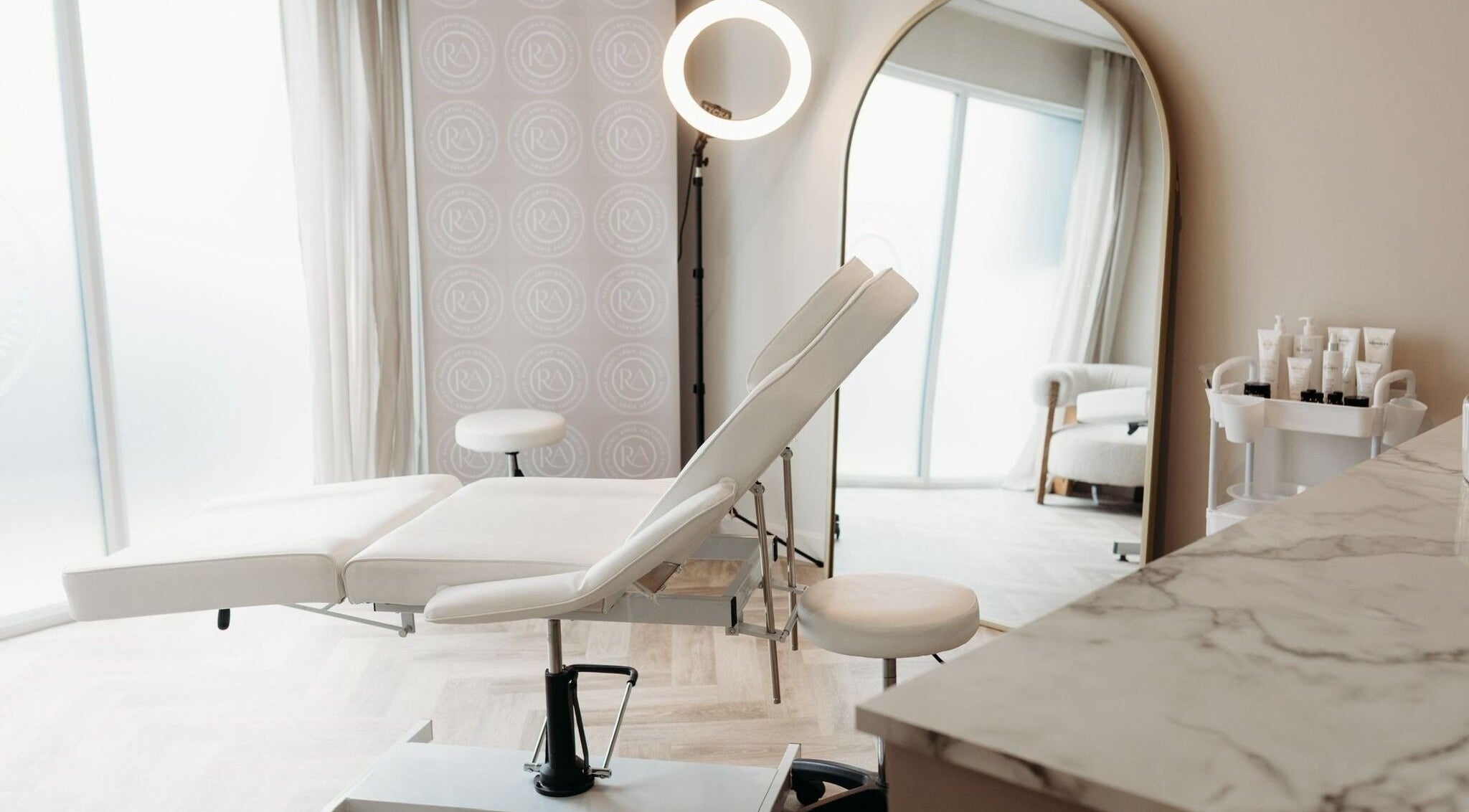 Elegant treatment room at Rachel Abbie (RA) Aesthetics HQ, Lelant, England, GB.