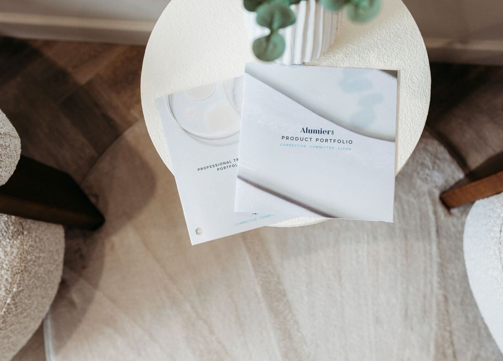 Brochures on a round table at Rachel Abbie (RA) Aesthetics HQ, Lelant, England, GB.