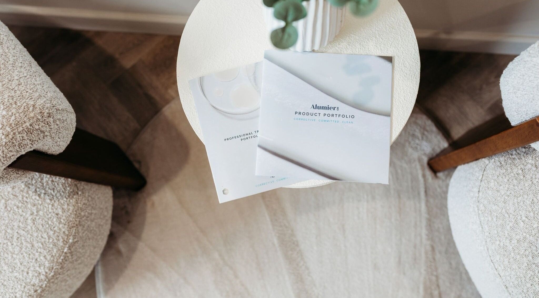 Brochures on a round table at Rachel Abbie (RA) Aesthetics HQ, Lelant, England, GB.