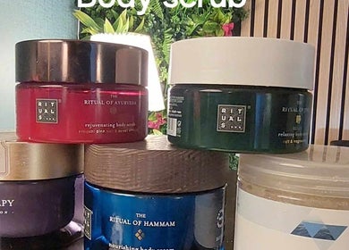 Body scrubs displayed at Six Zen Spa in Breda, Noord-Brabant, NL, for rejuvenating treatments.