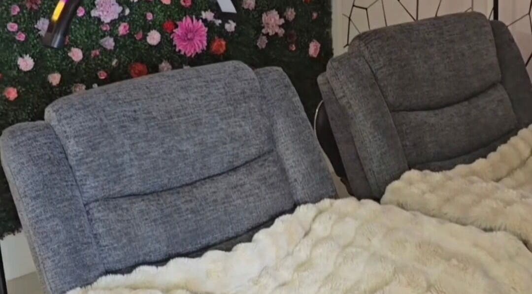 Comfortable gray chairs with fluffy blankets at 2 Playhouse Avenue Cairnlea 3023, Melbourne, Victoria, AU.