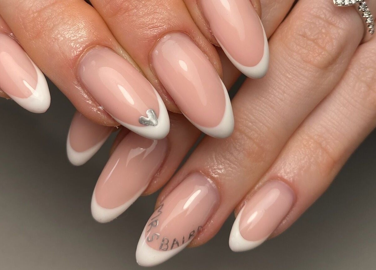 Acrylic French nails with heart detail by Nails by Lauren M, Morpeth, England, GB.
