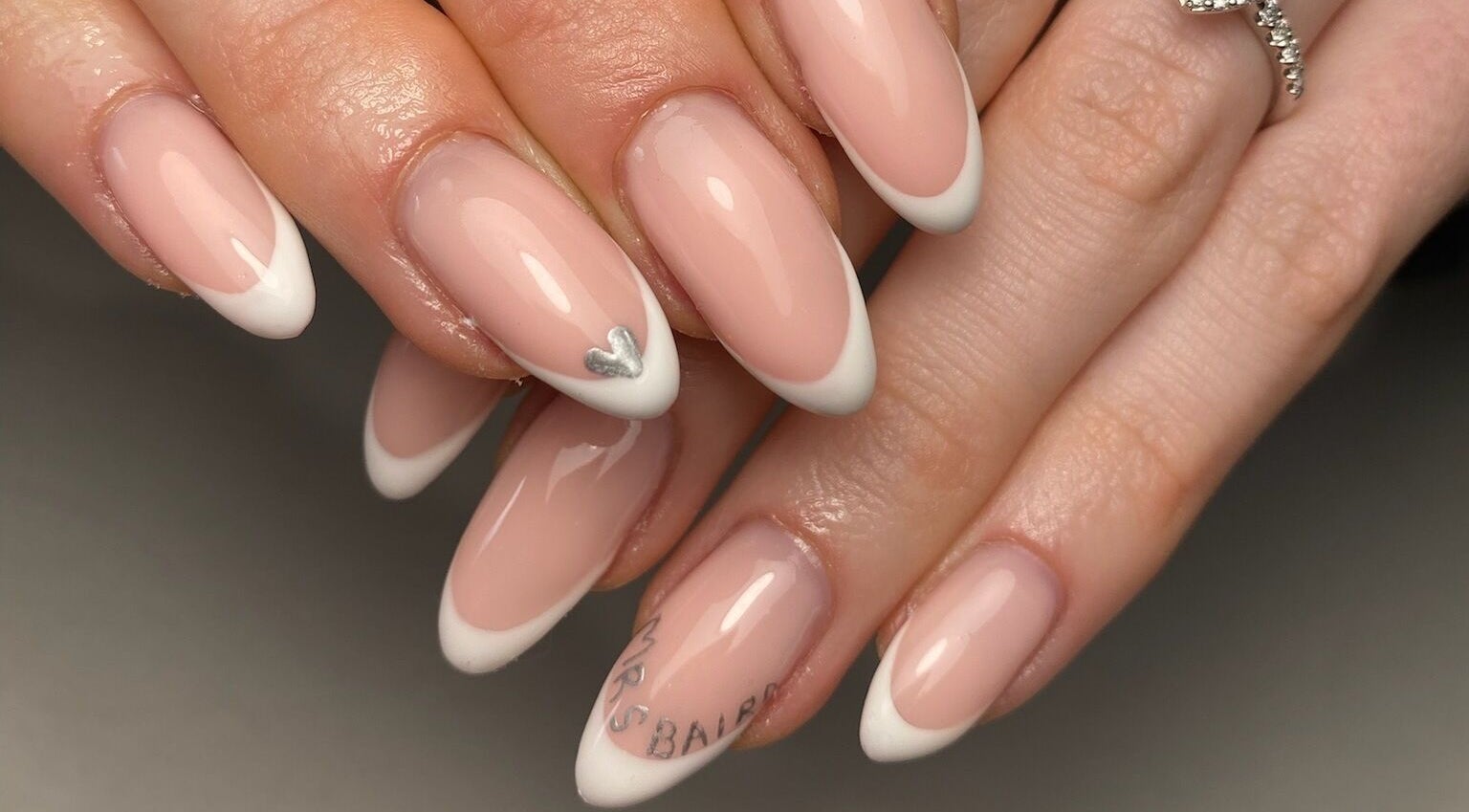 Acrylic French nails with heart detail by Nails by Lauren M, Morpeth, England, GB.