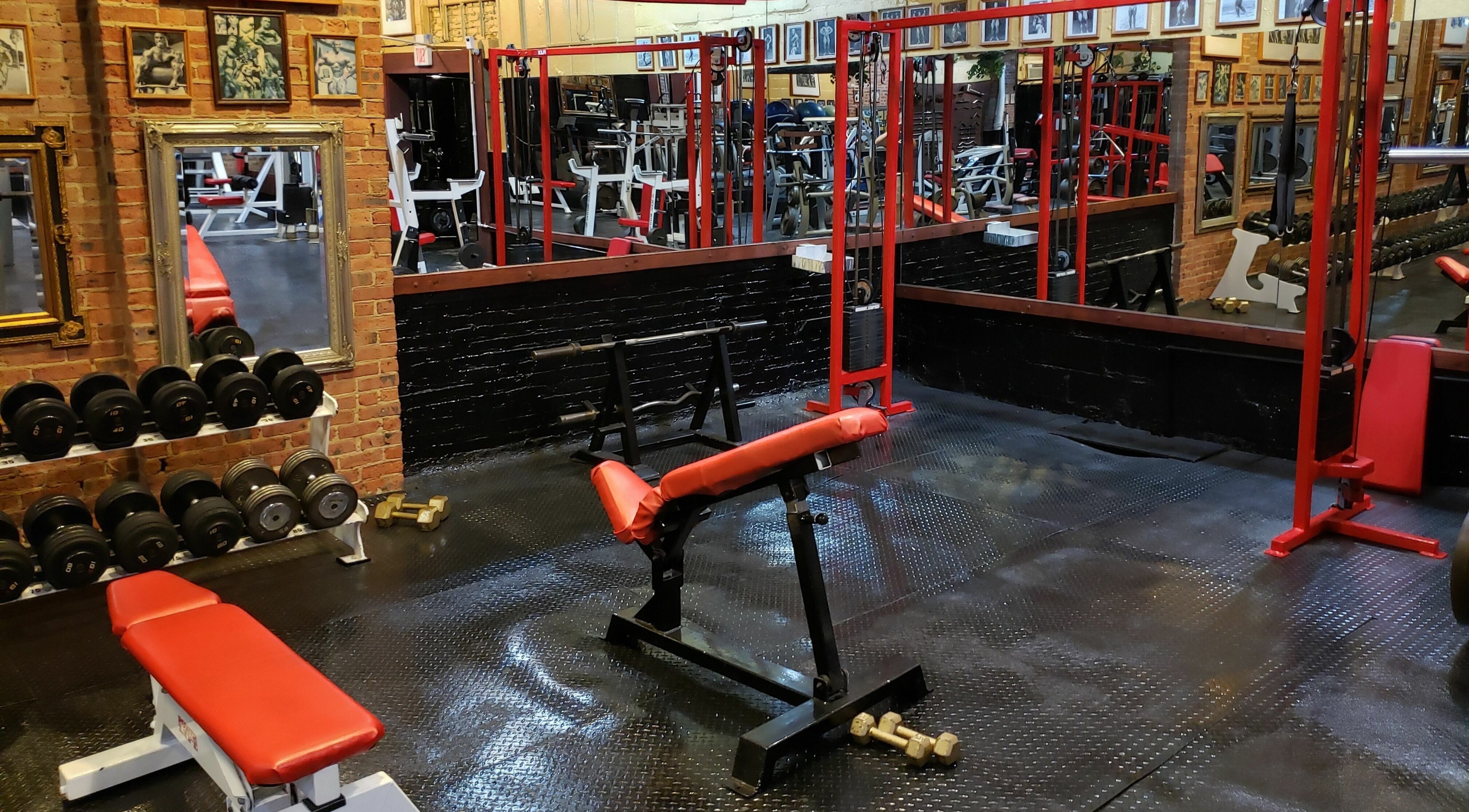 Classic gym interior at Building You, Long Branch, New Jersey, US, featuring equipment and framed artwork.