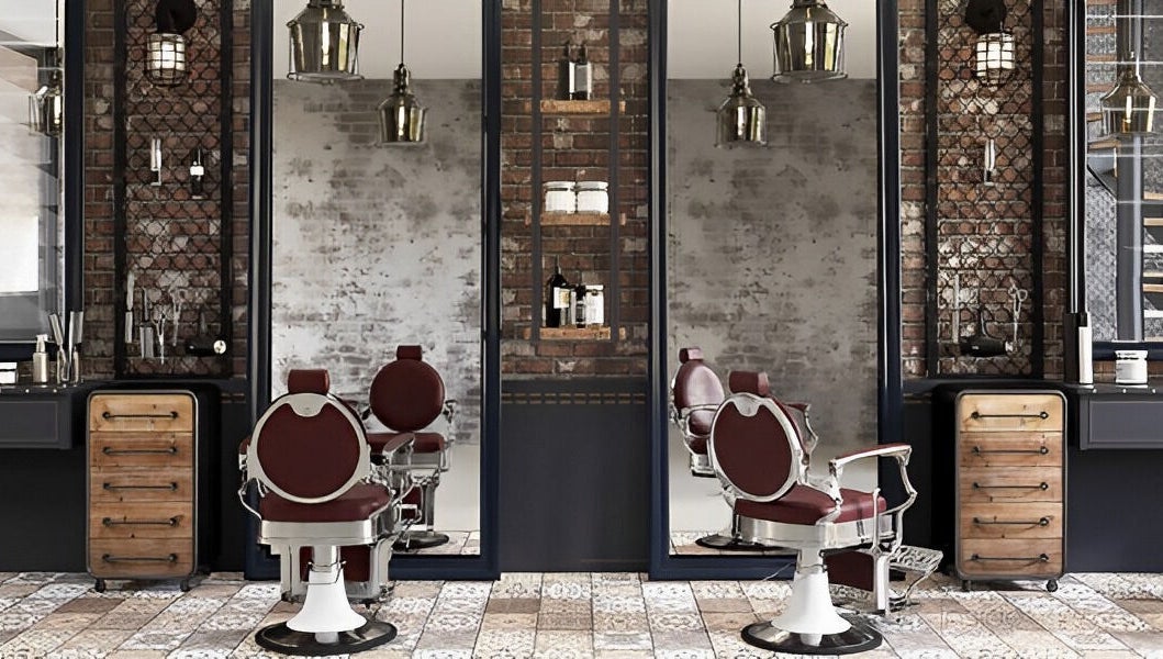 Vintage-themed salon interior at Doc Barnet - Nasma Resident, Sharjah, AE, featuring ornate chairs and mirrors.