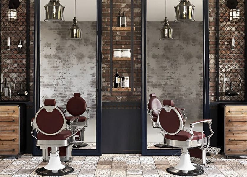 Vintage-themed salon interior at Doc Barnet - Nasma Resident, Sharjah, AE, featuring ornate chairs and mirrors.