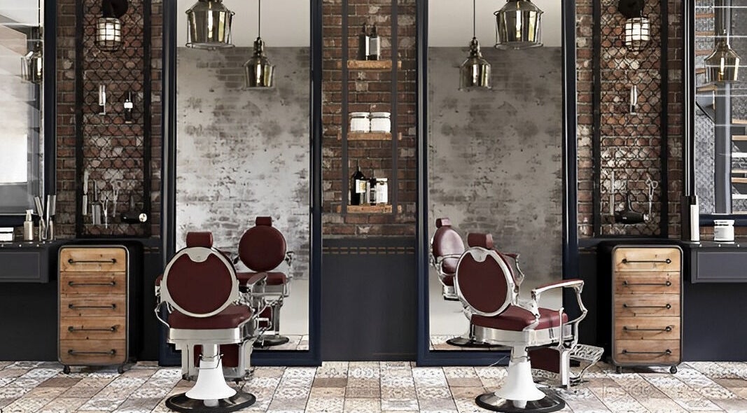 Vintage-themed salon interior at Doc Barnet - Nasma Resident, Sharjah, AE, featuring ornate chairs and mirrors.