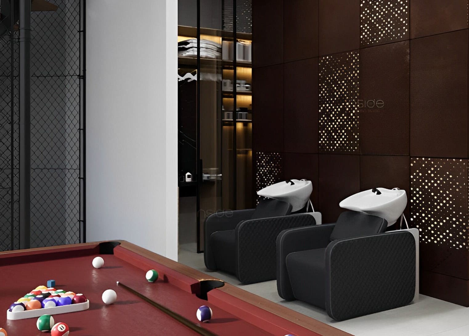 Stylish wash stations and pool table at Doc Barnet - Nasma Resident, Sharjah, AE.