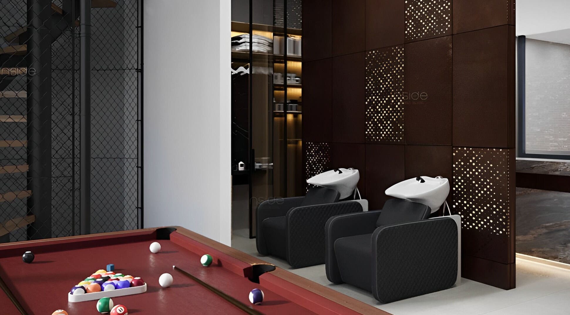 Stylish wash stations and pool table at Doc Barnet - Nasma Resident, Sharjah, AE.