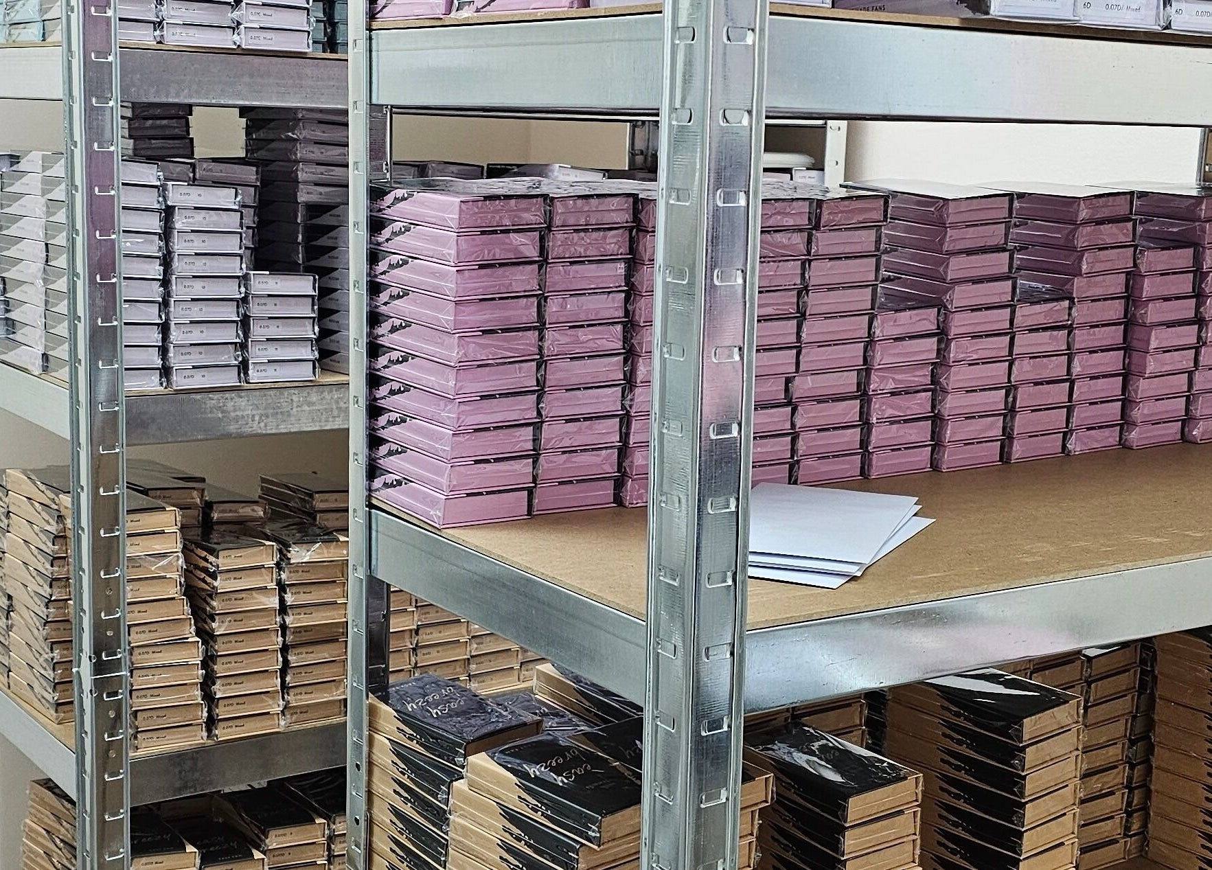 Lash extensions neatly stacked on shelves at Silk Touch Lashes Glenrothes, Glenrothes, Scotland, GB.