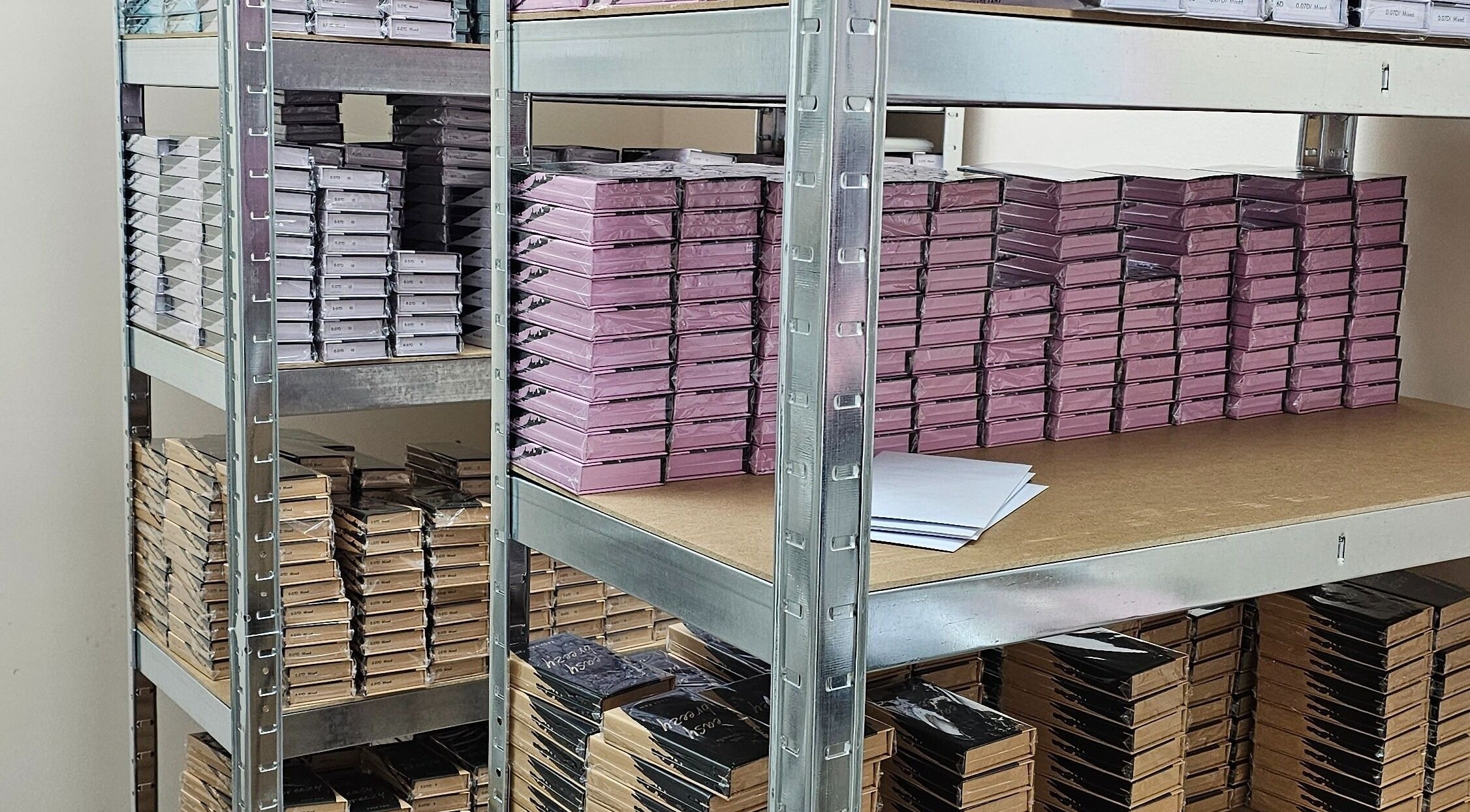 Lash extensions neatly stacked on shelves at Silk Touch Lashes Glenrothes, Glenrothes, Scotland, GB.