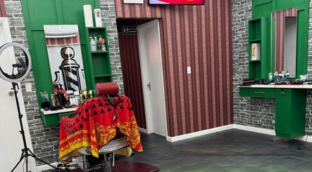 The Head Office Barber Shop in Nassau, New Providence, BS, featuring a vibrant barber station with colorful decor.