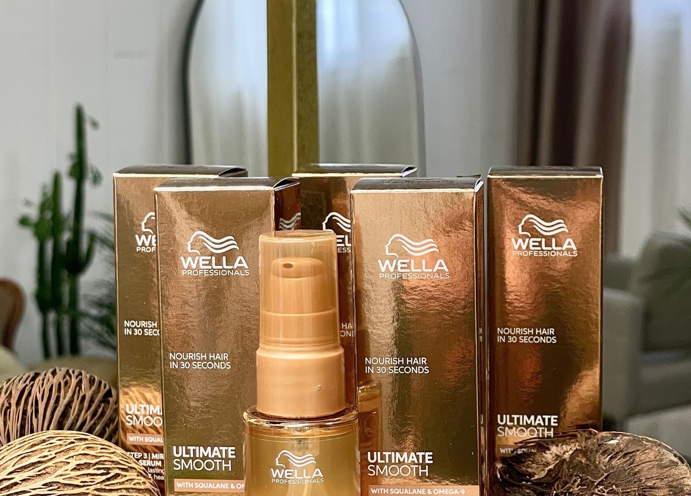 Wella hair products displayed at MORUHAIR, Tallinn, Harju maakond, EE. Luxurious salon setting.