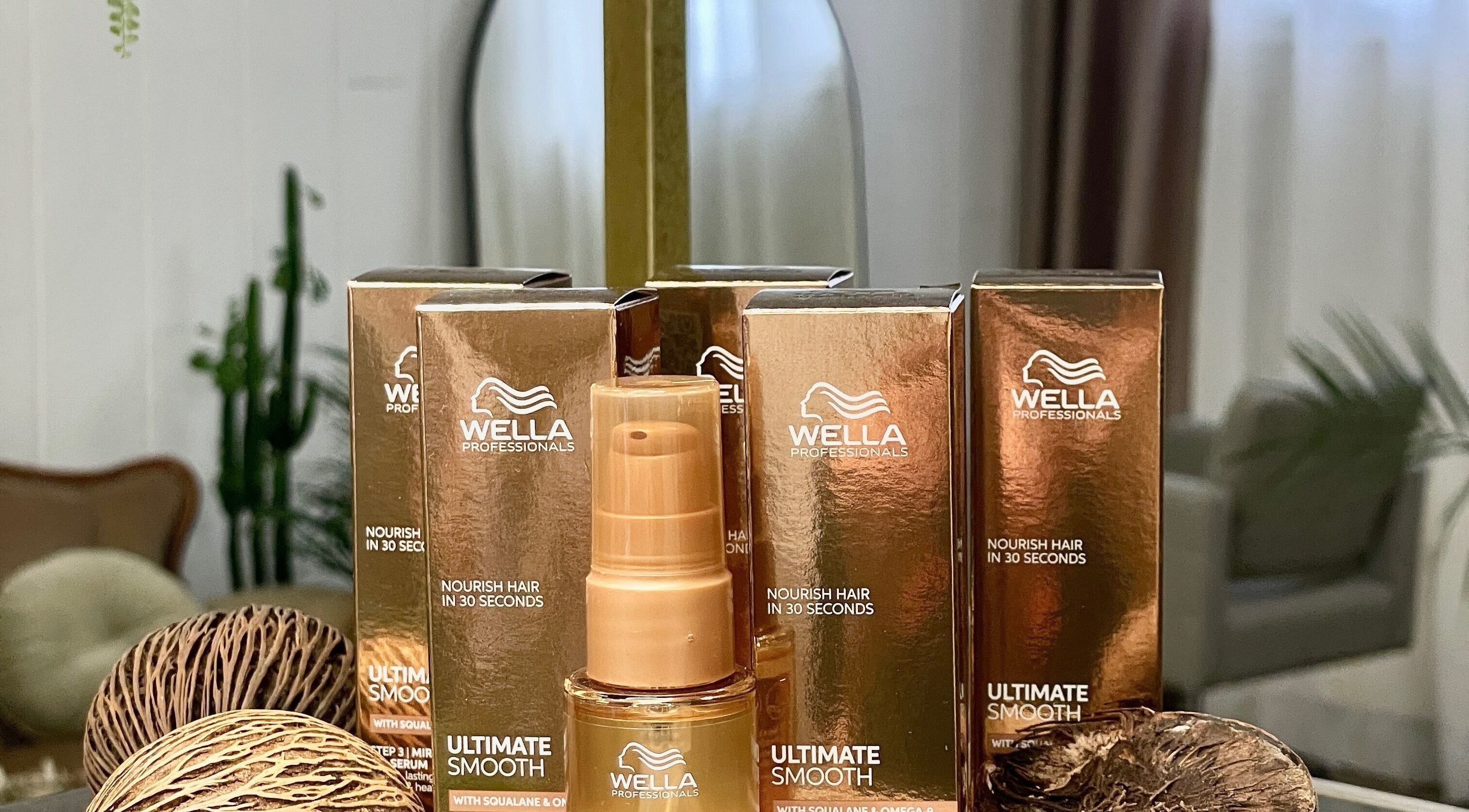 Wella hair products displayed at MORUHAIR, Tallinn, Harju maakond, EE. Luxurious salon setting.