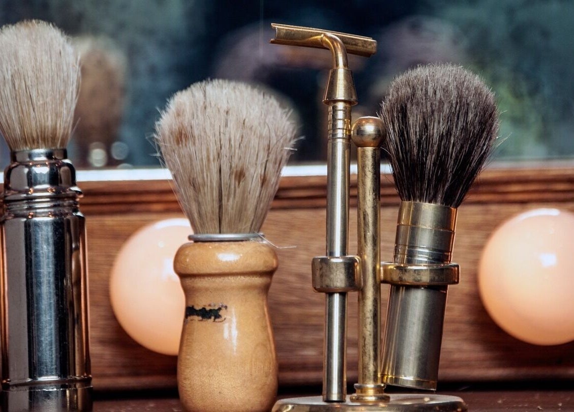 Classic shaving brushes and razor at The BND - Barber Next Door, Abu Dhabi, AE.